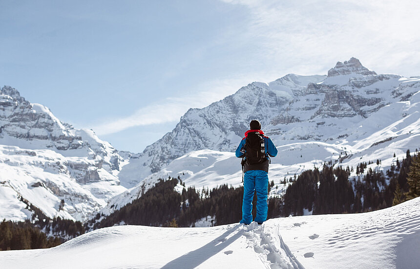 Ein Winterwanderer von hinten mit blauer Winterhose, die bei sonnigem Wetter das winterliche Bergpanorama betrachtet.