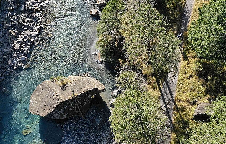 A hiker passes an erratic boulder standing in the Kander River and disappears under the green canopy of trees.