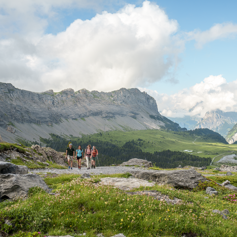 Gruppe auf der Gemmiwanderung: Kandersteg - Daubensee. Hier mit der Moor & Bachlandschaft Sunnbüel im Hintergrund.